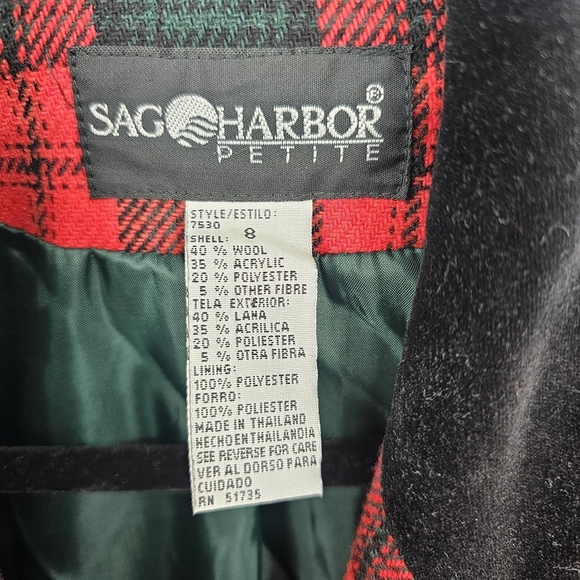 Sag Harbor Petite Red Plaid Wool Blend Blazer Velvet Collar Size 8 - Picture 4 of 6